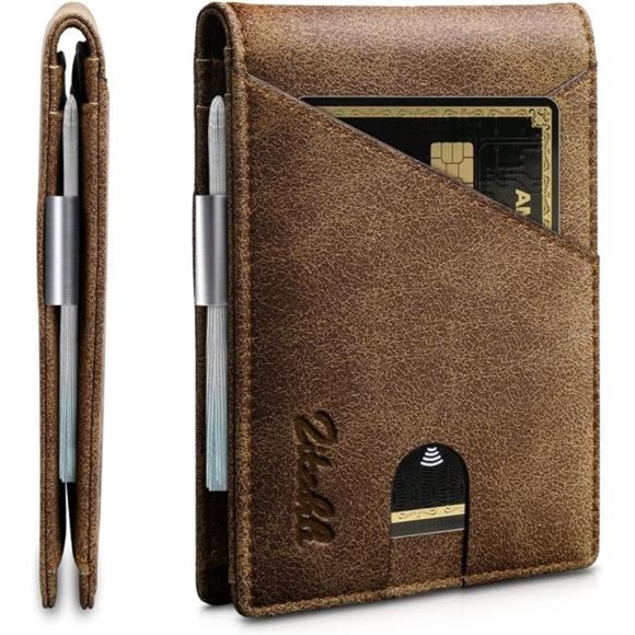 RFID Blocking Bifold Minimalist Wallets with Gift Box Crazy Horse Brown